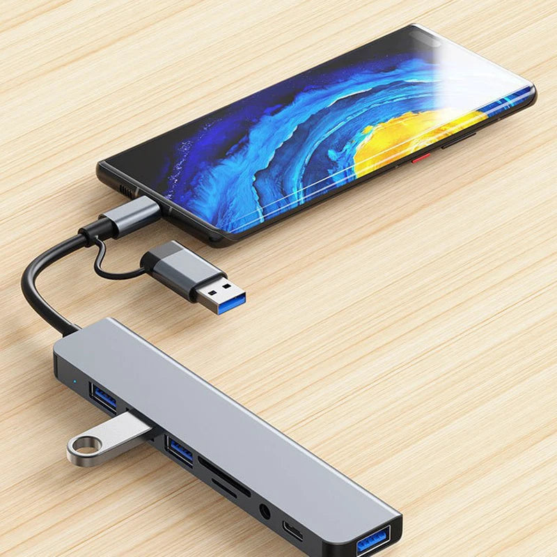 8-in-2 USB & Type-C Hub with Audio Jack - PlusGamer