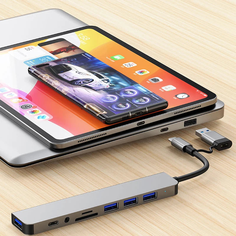 8-in-2 USB & Type-C Hub with Audio Jack - PlusGamer