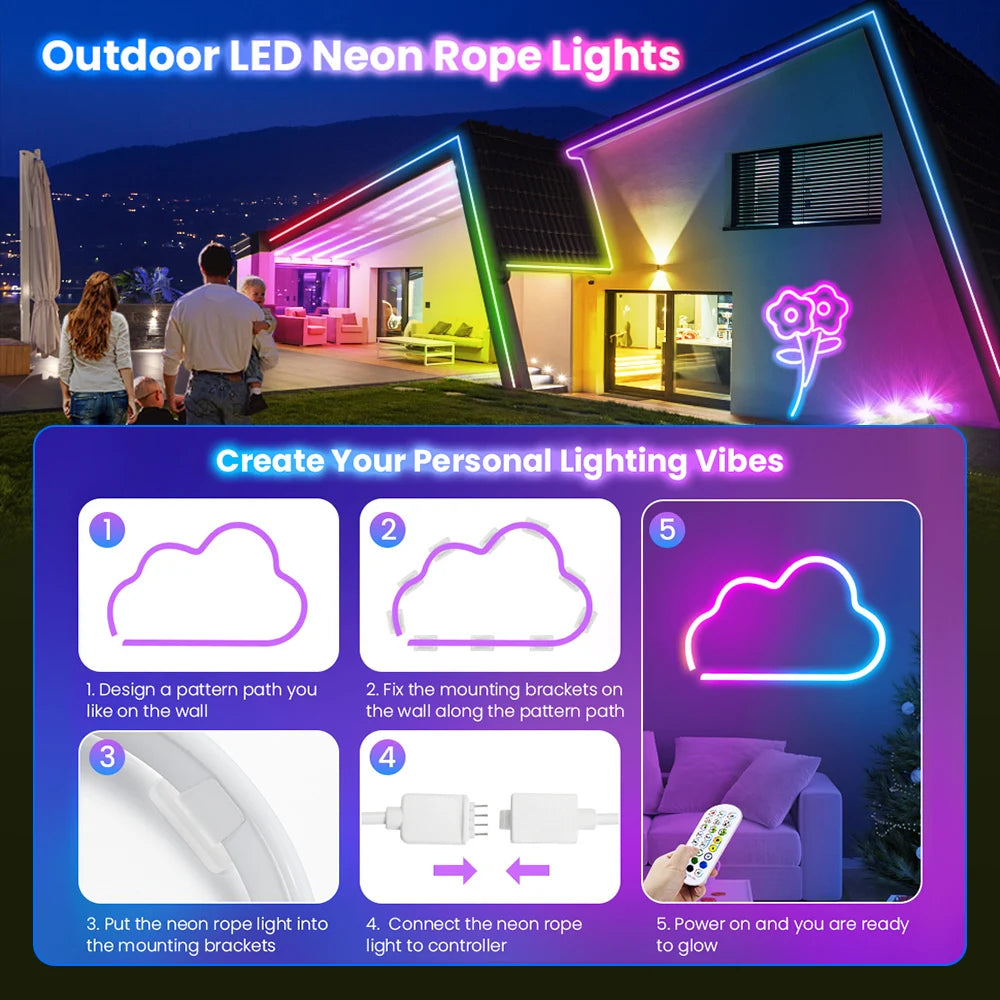 APP Control RGB Music Sync Flexible Neon Rope Light (10M) - PlusGamer