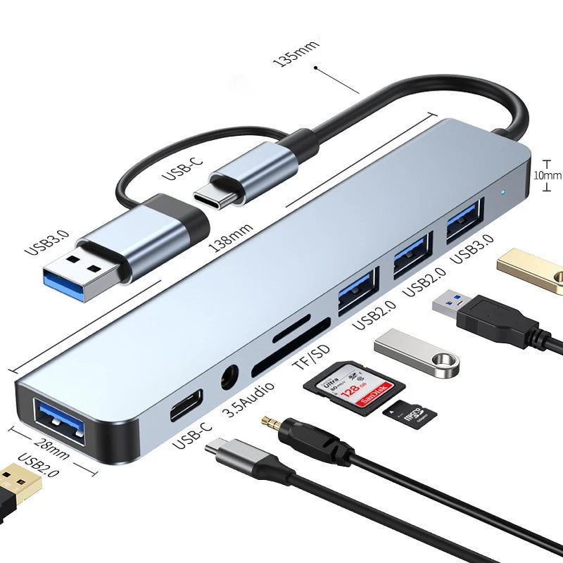 8-in-2 USB & Type-C Hub with Audio Jack - PlusGamer